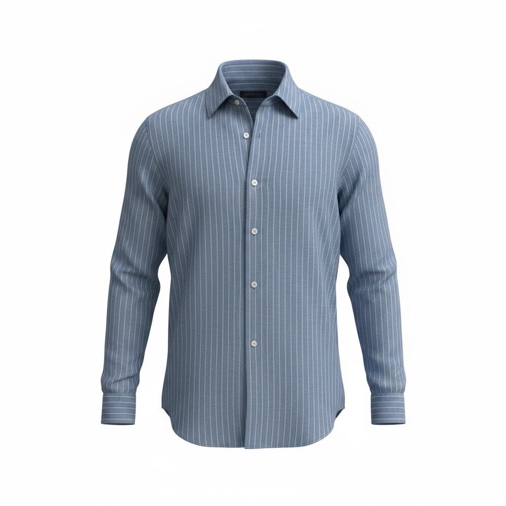 Reiss Men Linen Blue&White Striped Long Sleeve Button Front Shirt Size XXL-NWT